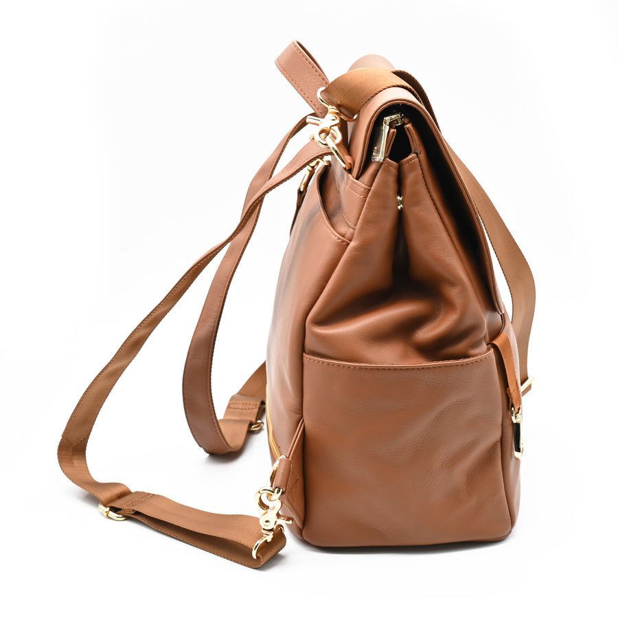 Milan leather saddle backpack side view