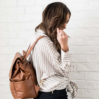 woman wearing saddle milan backpack. side view