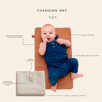 elkie & co. changing mat infographic showing all the features such as wipeable washable water reisitant, vegan leather, snap closure, small compact design, embossed gold filled logo. Baby is on the changing mat. Camel Blush Ebony Taupe Stone